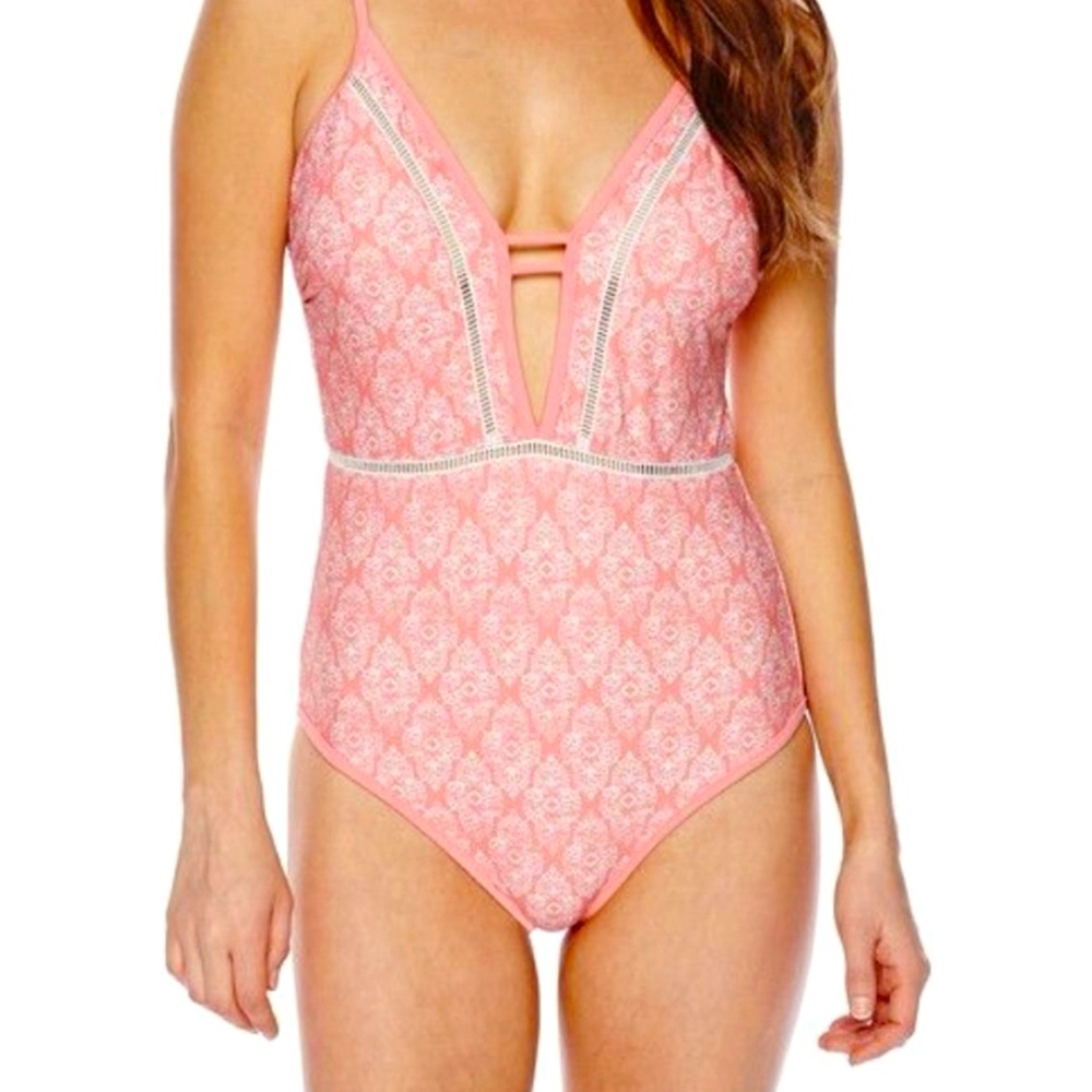 Ninety Six Degrees Pink & White Low Back One Piece Swimsuit Womens Size L